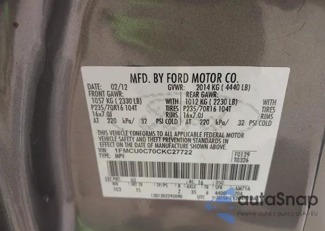 2012 Ford Escape Xls z USA, uszkodzony, nr VIN 1FMCU0C70CKC27722